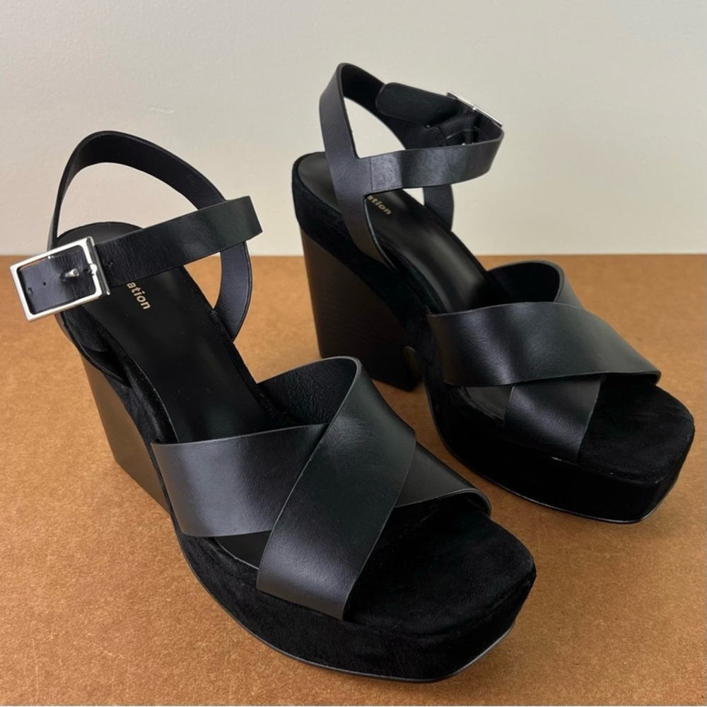 REFORMATION BLACK LEATHER PLATFORM SANDALS - Picture 2 of 13